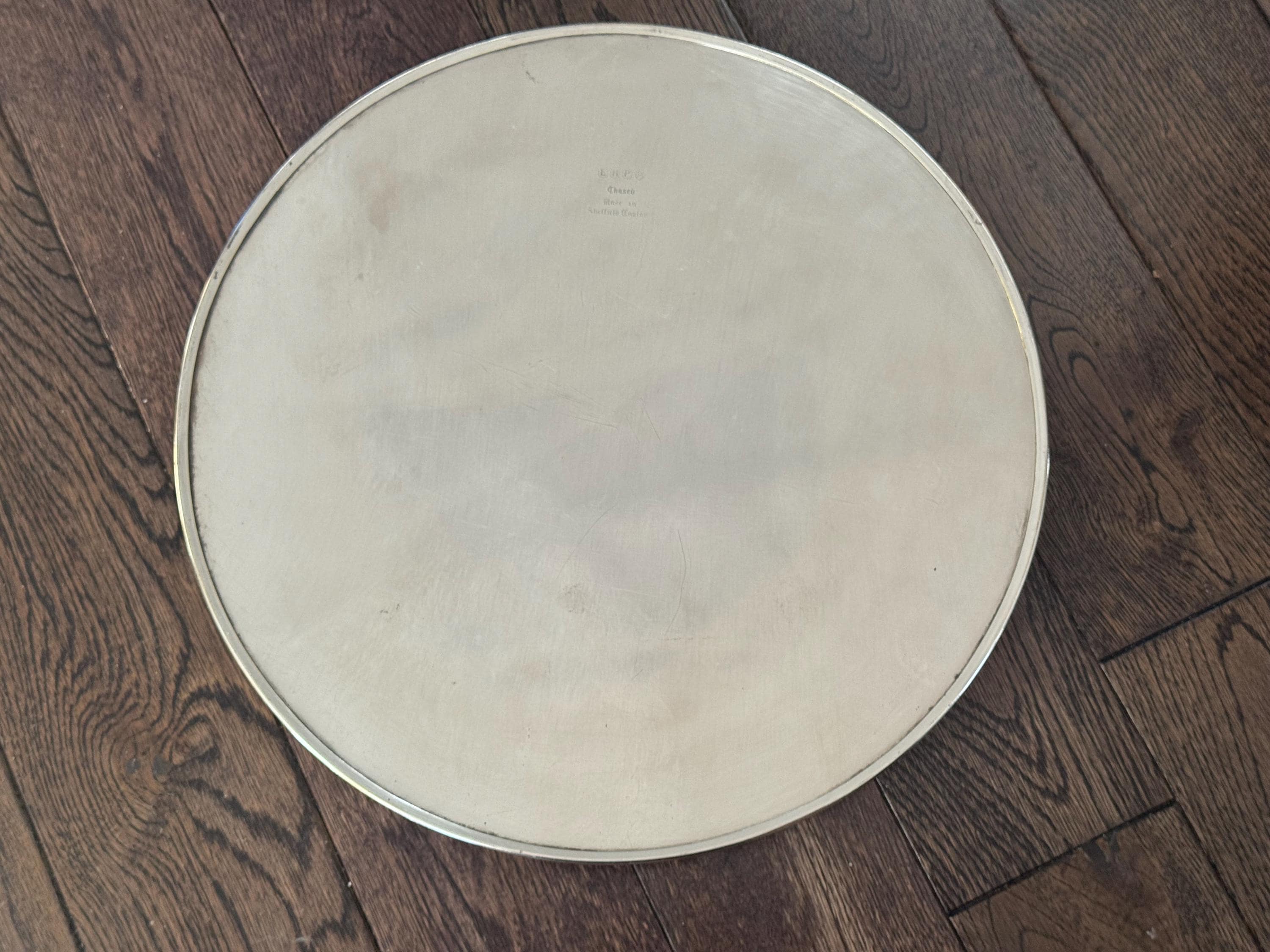 Vintage Sheffield England Silverplate Serving Tray – 12” Chased Floral Engraving – Pierced Gallery – Heavy Ornate Round Tray