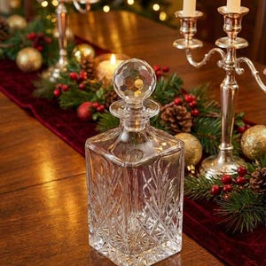 May include: A clear, square crystal decanter with a faceted stopper. The decanter features a diamond and leaf pattern. The scene is set on a wooden table with a red runner, candles, and Christmas decorations, creating a festive atmosphere.