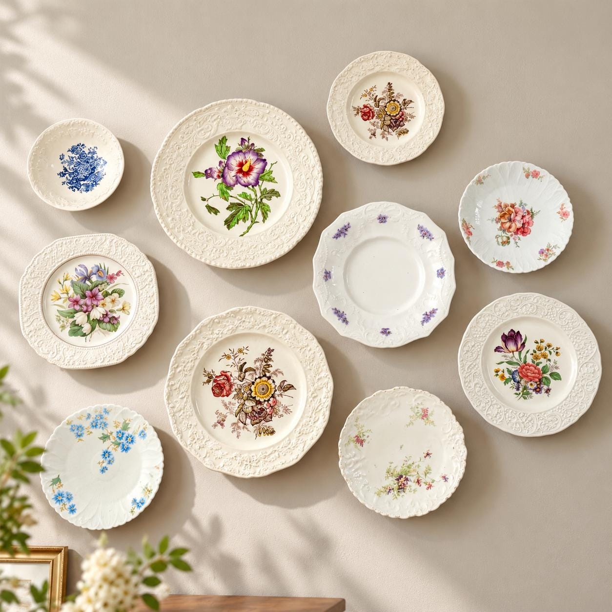 Vintage Floral Plate Wall Gallery Set of 5, Mason’s & Mismatched Porcelain Plates, Botanical Wall Decor