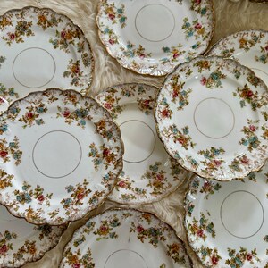 K&ouml;nnte beinhalten: Ein Set aus acht wei&szlig;en Keramiktellern mit einem Blumenmuster und goldenen Verzierungen. Die Teller haben einen gewellten Rand und sind mit verschiedenen Blumen in Rosa-, Blau- und Gelbt&ouml;nen verziert.