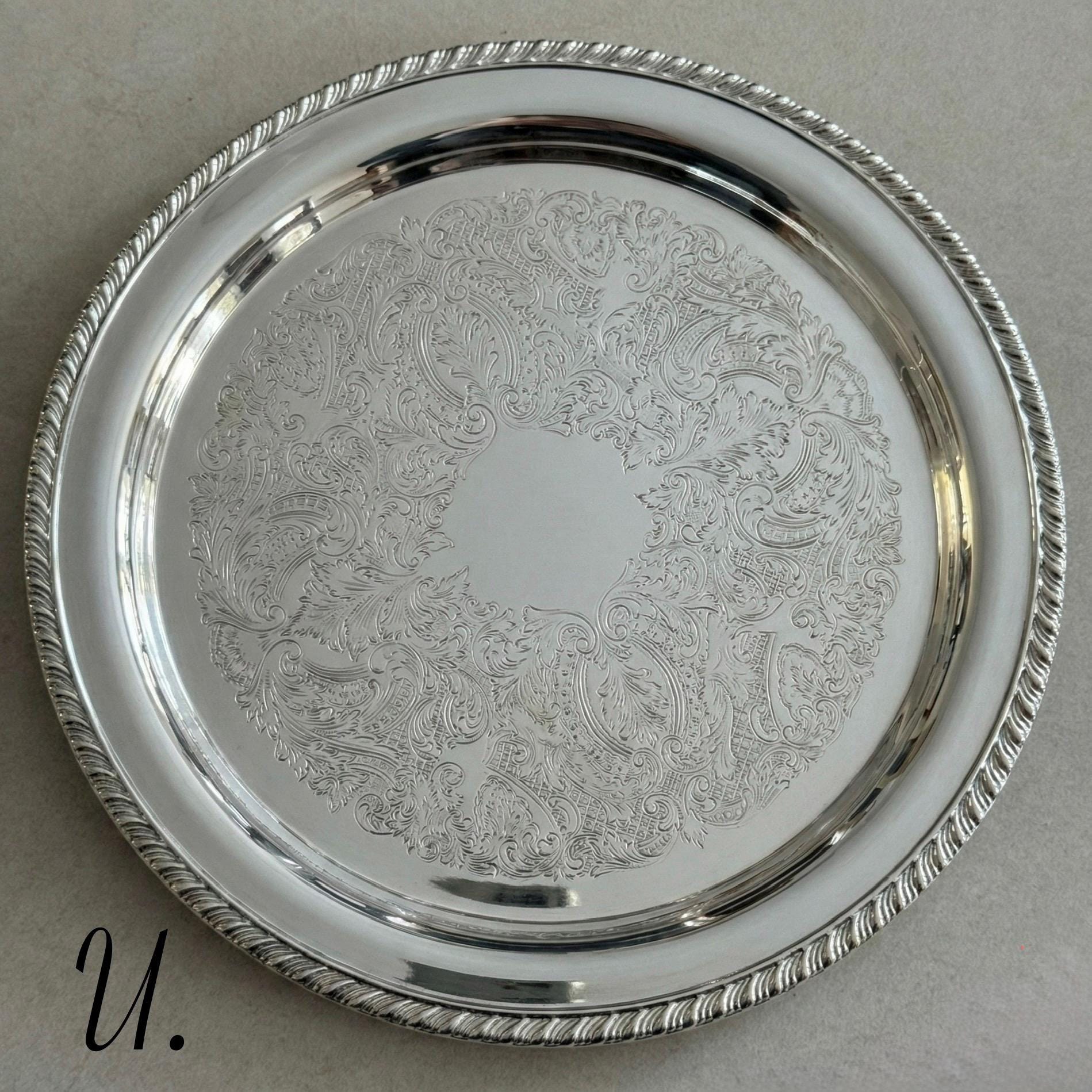 Vintage Silver-Plated Round Tray Collection – Ornate Etched Designs & Classic Makers – Sold Individually