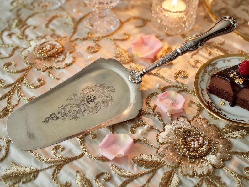 K&ouml;nnte beinhalten: Ein silberner Tortenheber mit einem verzierten Griff und dekorativer &Auml;tzung. Der Heber liegt auf einer gold-cremefarbenen, bestickten Tischdecke neben einem St&uuml;ck Schokoladenkuchen mit einer Himbeere.