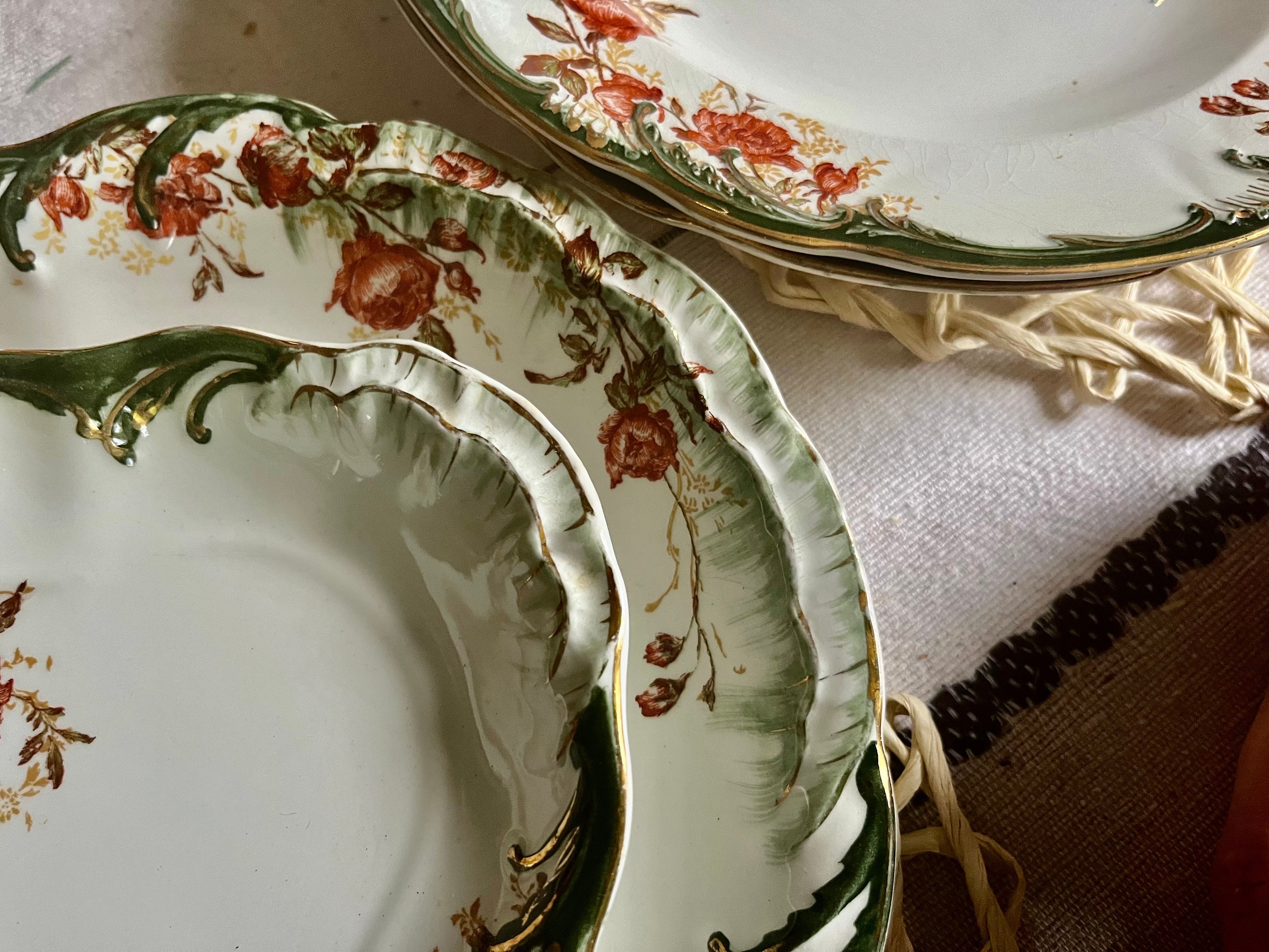 Antique Ridgway England Floral Dining Ensemble: Green & Gold, 6-Piece Set