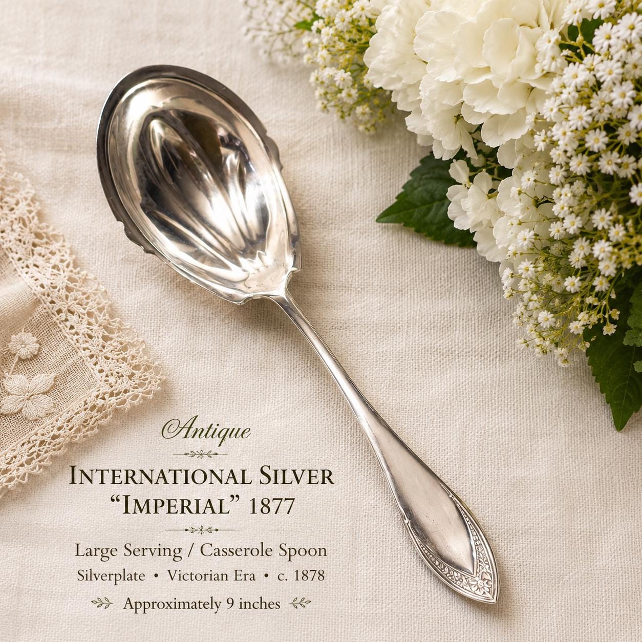 Antique International Silver “Imperial” 1877 Silverplate Large Serving Spoon – Victorian Casserole / Vegetable Spoon – 9”