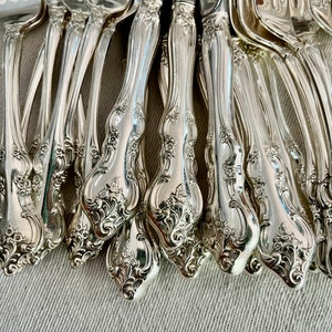 May include: A close-up of a set of silver cutlery with ornate handles. The handles are highly detailed with floral and scrollwork designs.