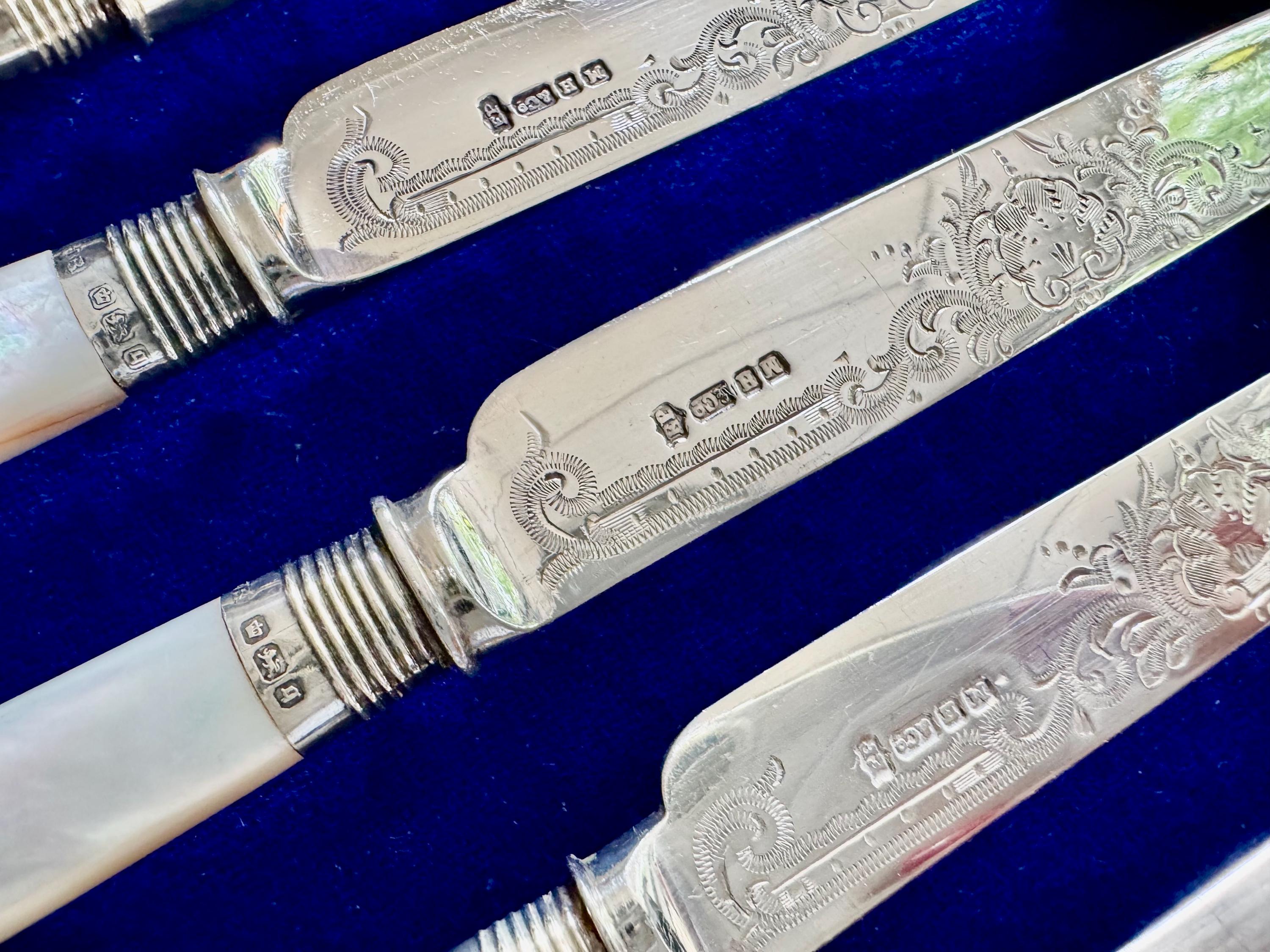 Antique Victorian Mother of Pearl Dessert Flatware Set | 12-Piece Cased Fruit Knives & Forks | Sterling Silver Mounts