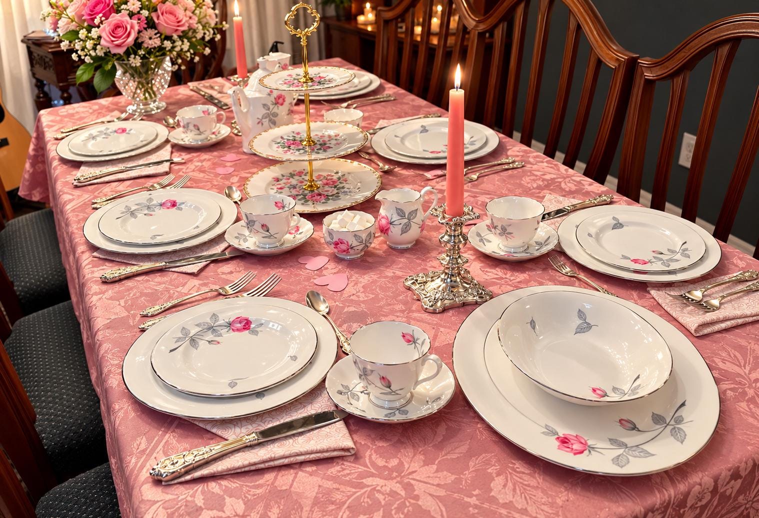 Vintage Royal Albert Trent Rose China | Dinner Place Setting, Tea Set & Serving Pieces | Pink Rose Silver Trim