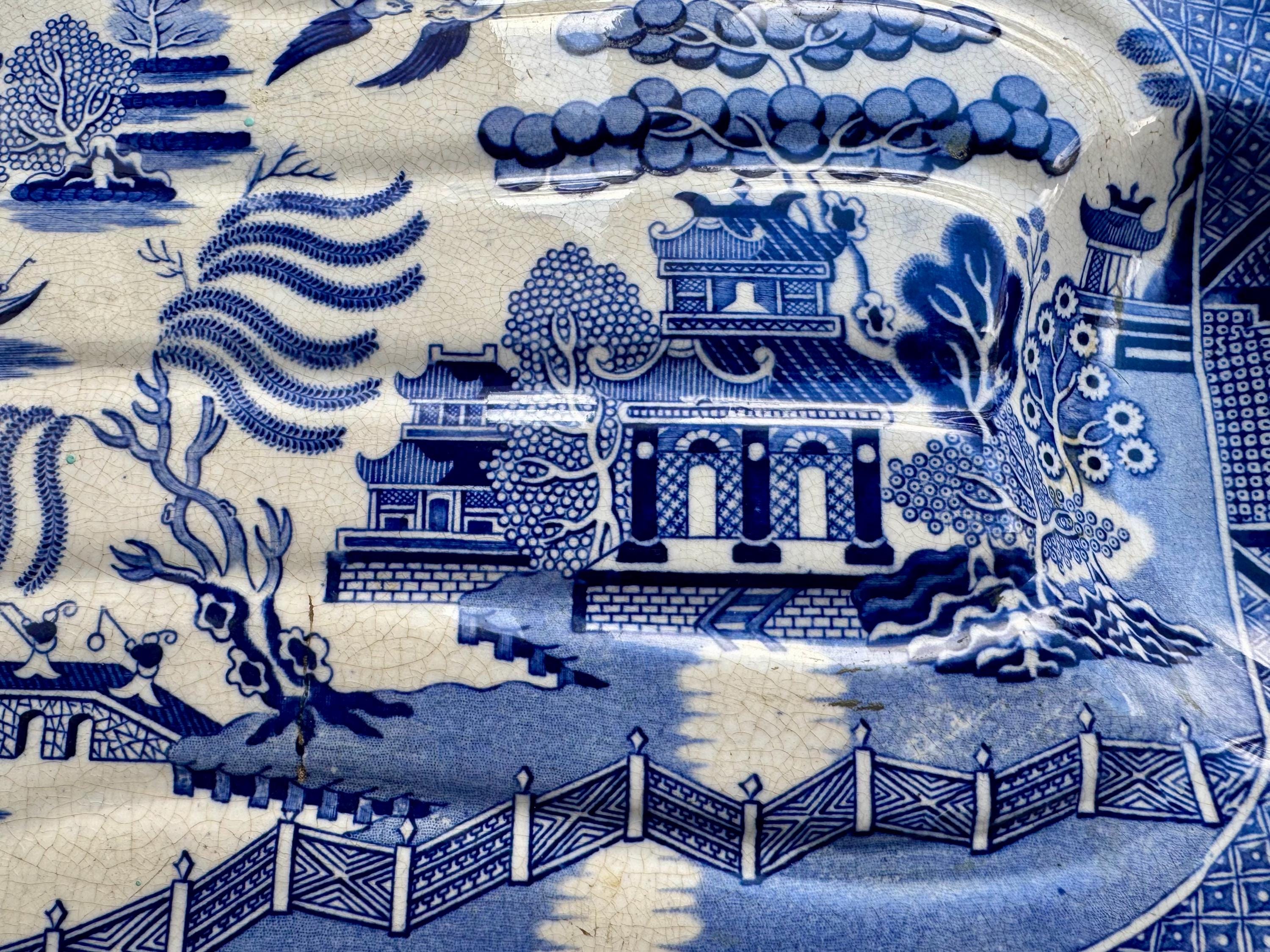 Antique Circa 1840 English Blue Willow “Well & Tree” Meat Platter – Monumental 19th-Century Serving Dish