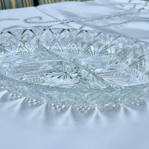 Vintage Pressed Glass Divided Relish Dish – Starburst & Diamond Pattern