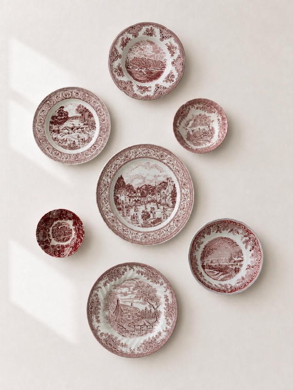 Vintage Red Transferware Plate Set – Country Village Scenes, Wall Display