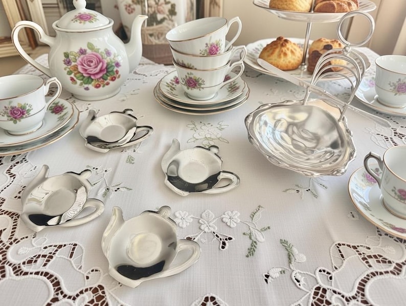 Vintage Silverplate Tea Accessories – English Toast Rack, Teabag Holder, Creamer & Sugar image 2