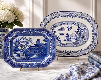 Extra Large Blue & White Chinoiserie Serving Platters | Burleigh Ware Willow or English Willow Eaton Fine Dining | Sold Individually