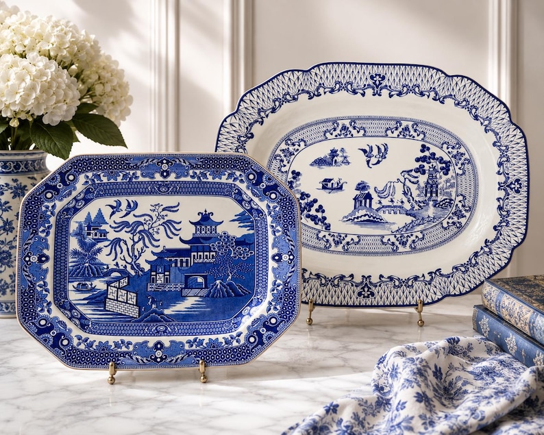 May include: Two ceramic platters featuring a blue and white willow pattern. The front rectangular platter displays a detailed landscape with pagodas and trees, while the larger oval platter behind it shows a similar scene with a scalloped border.
