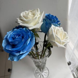 May include: A bouquet of fresh roses in a clear, faceted glass vase. The arrangement features two large, vibrant blue roses and two creamy white roses, all with green stems and leaves, displayed together in a classic, transparent crystal vessel.