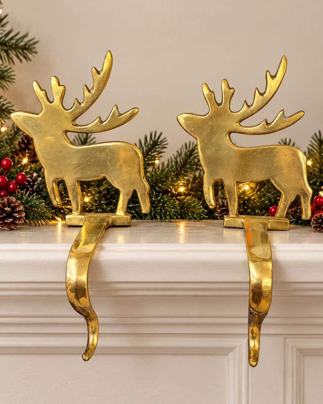 Pair of Vintage Brass Reindeer Stocking Holders | Gold Deer Christmas Mantel Hooks | Holiday Fireplace Decor