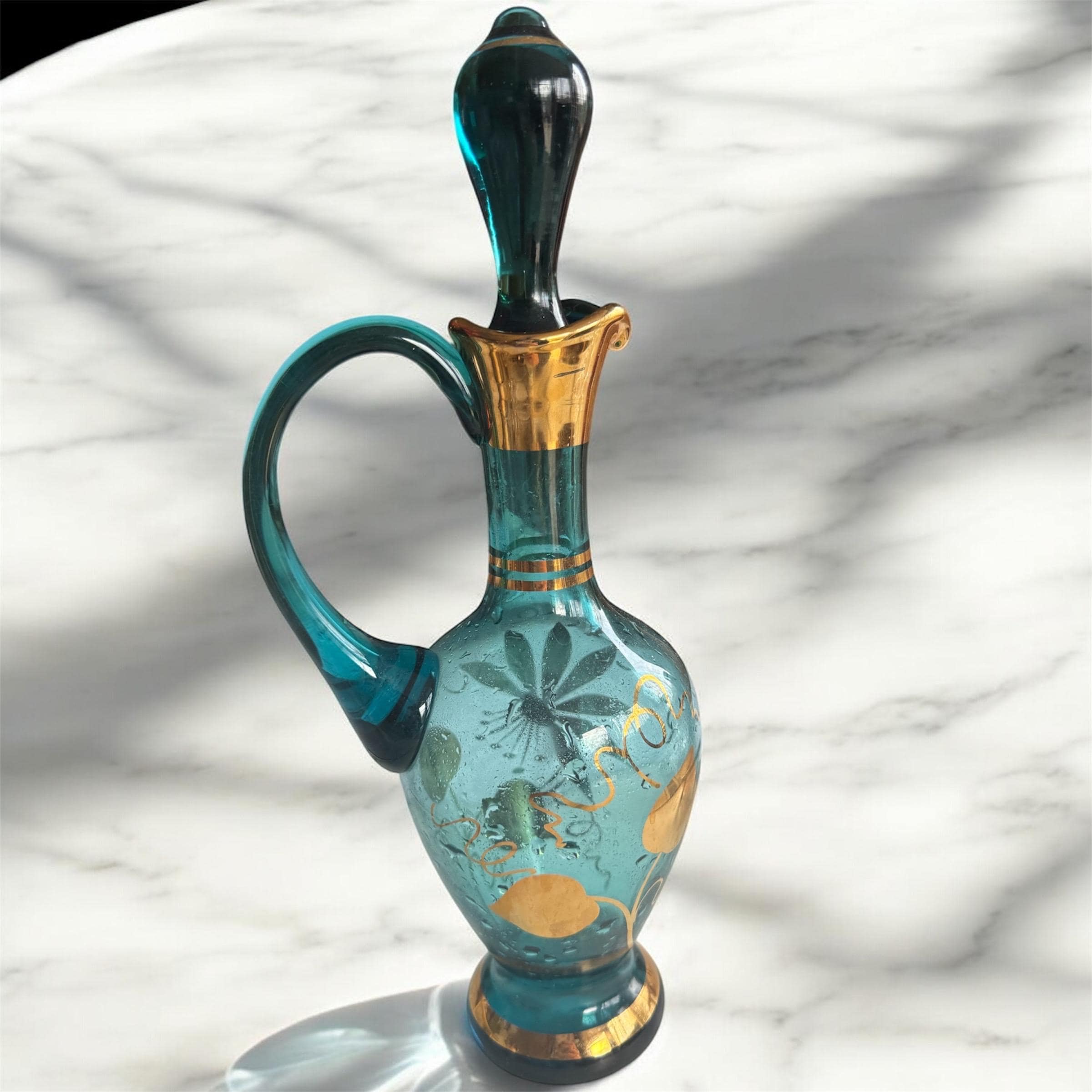 Vintage Bohemia Glass Decanter: Teal Blue, 22K Gold Floral Ewer