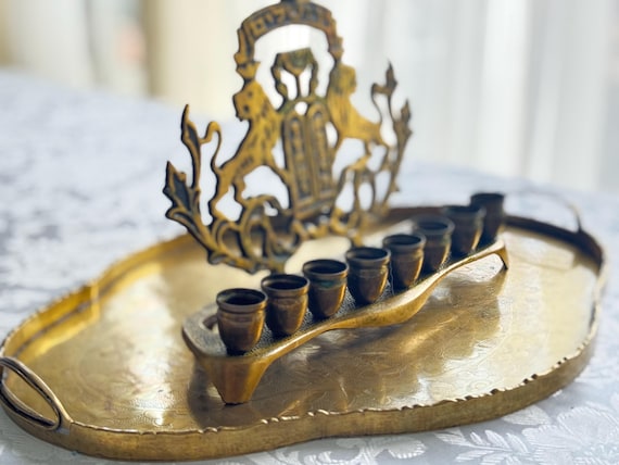 Vintage Brass Menorah — Hanukkia with Lions of Judah & Ten Commandments — On Brass Serving Tray