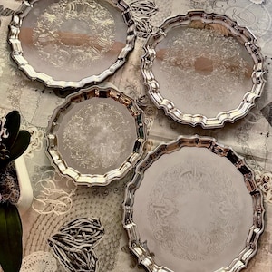 Vintage Silverplated Round Trays – Similar Ornate Scrollwork & Scalloped Edge – Sold Individually