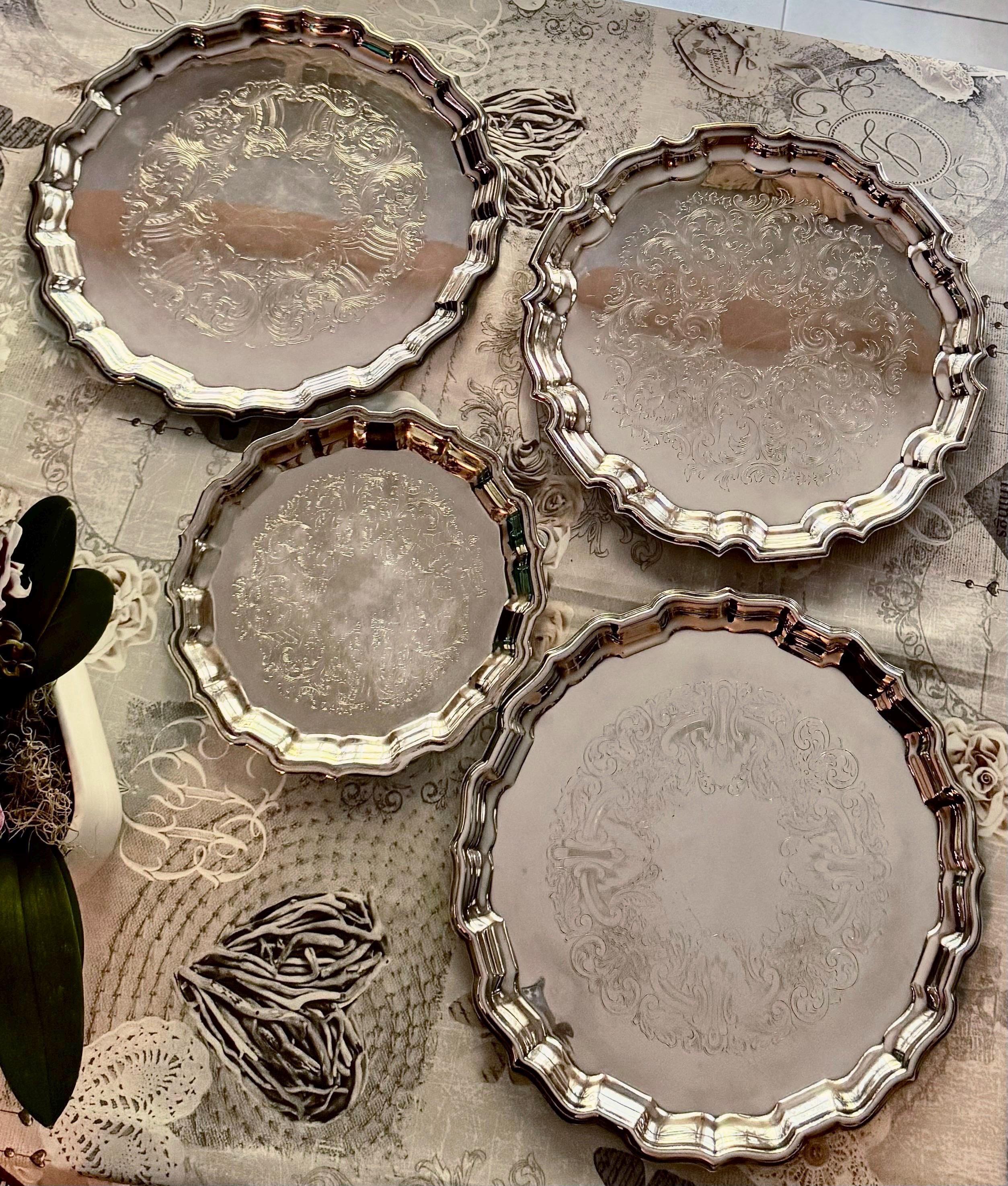 Vintage Silverplated Round Trays – Similar Ornate Scrollwork & Scalloped Edge – Sold Individually