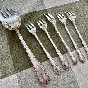 K&ouml;nnte beinhalten: Ein Set aus f&uuml;nf silberfarbenen Metallgabeln mit verzierten, gepr&auml;gten Blumendetails an den Griffen und am Hals. Die Kollektion umfasst eine gro&szlig;e Vorlegegabel und vier kleinere Gabeln, die alle eine polierte, reflektierende Metalloberfl&auml;che aufweisen.