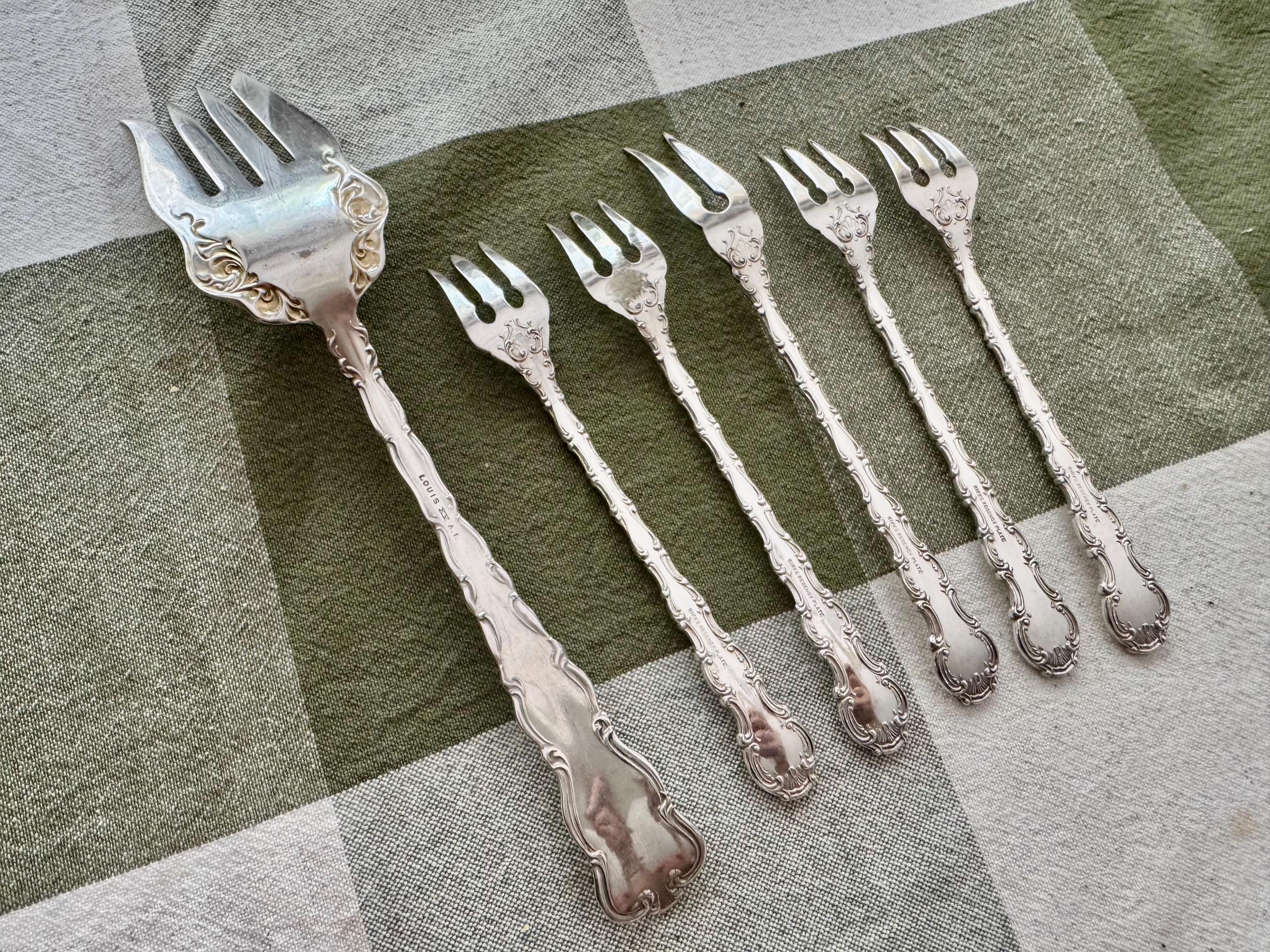 Vintage Silverplate Serving Cocktail Fork Set – Birks Regency Plate & Louis XV A1 – Ornate Flatware – 6 Pieces