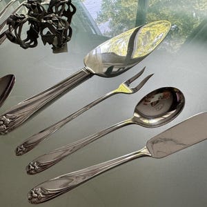 Pu&ograve; includere: Un set di posate color argento che include una paletta per dolci, una forchetta a due rebbi, un cucchiaio e un coltello da burro, tutti caratterizzati da un manico con motivo floreale in rilievo. Altri cucchiai e portatovaglioli in metallo.