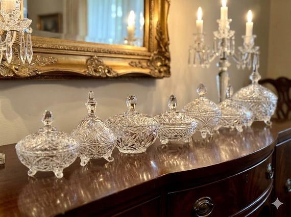 Vintage Crystal Candy Dish with Lid — Each Trinket Jar Sold Individually