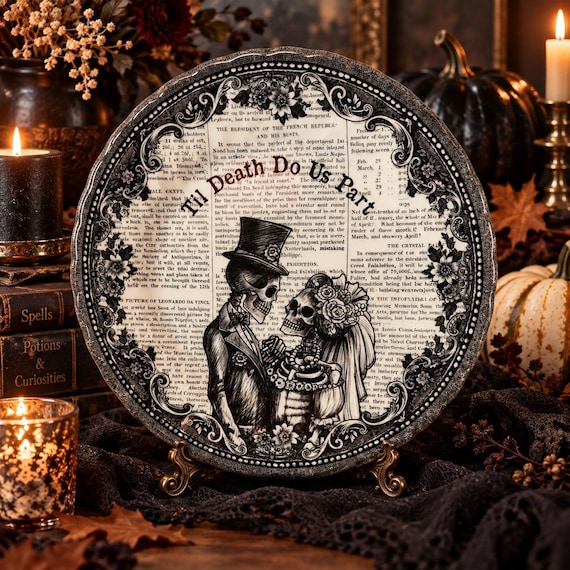 Skeleton Wedding Halloween Plate: Royal Wessex Transferware Dinner Plate — Made in England