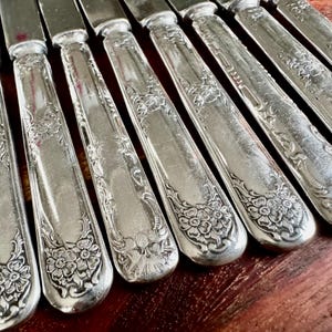 May include: A set of ten silver-plated dinner knives with ornate floral designs on the handles.