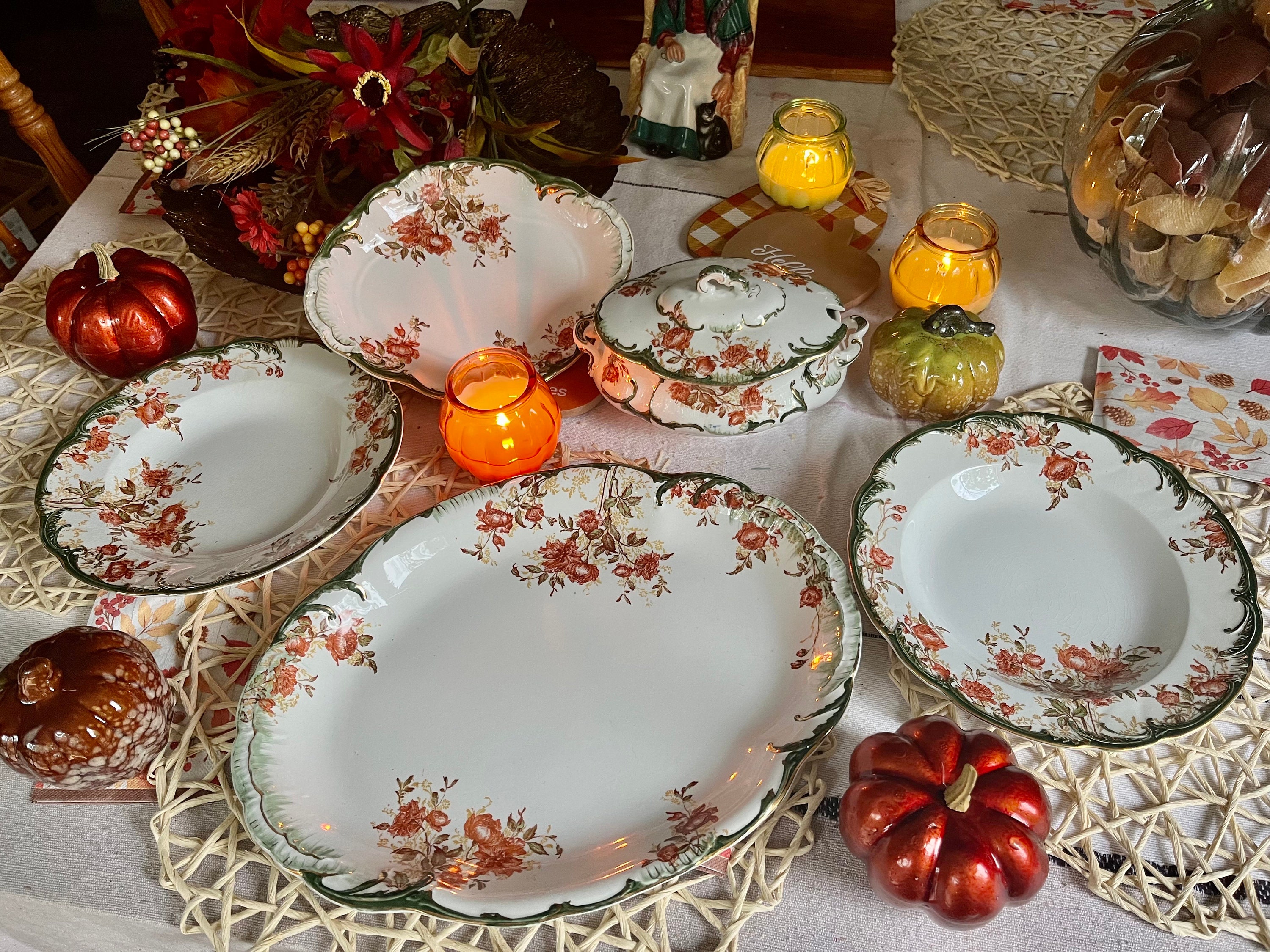 Antique Ridgway England Floral Dining Ensemble: Green & Gold, 6-Piece Set