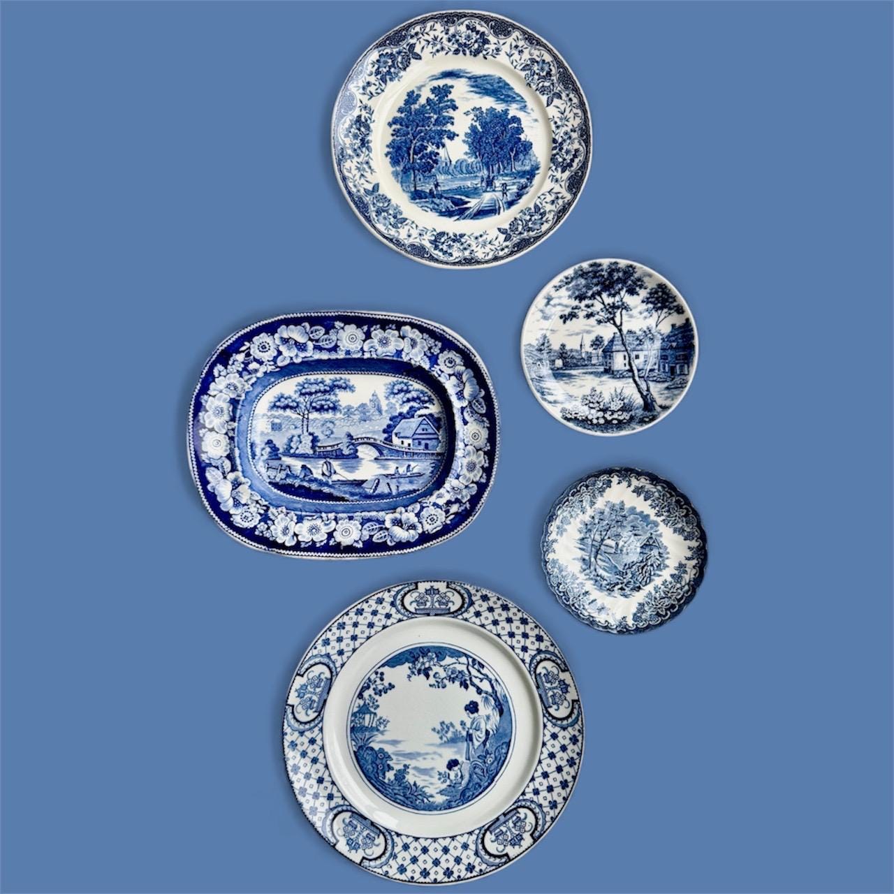 Rare Unique Antique Blue & White Transferware Wall Plate Collection – 5-Piece Assortment