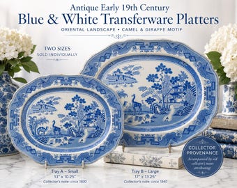 Rare Antique Blue & White Transferware Chinoiserie Platter | Oriental Landscape with Camel and Giraffe | c.1800–1840 | Sold Individually