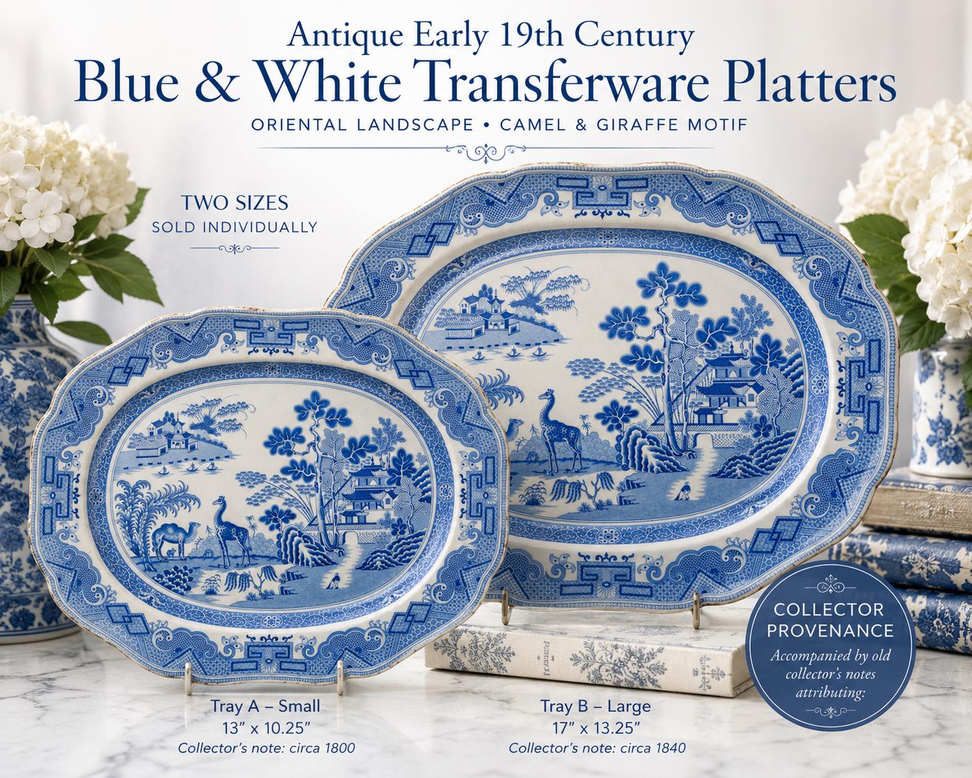 Rare Antique Blue & White Transferware Chinoiserie Platter | Oriental Landscape with Camel and Giraffe | c.1800–1840 | Sold Individually