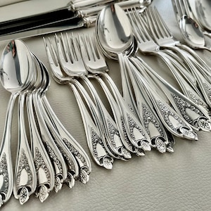 May include: An assortment of polished silver cutlery, comprising spoons, forks, and knives. The silverware showcases intricate floral designs on the handles. The reflective metal gleams, presenting a bright and refined arrangement, ideal for a formal dinner.