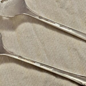 K&ouml;nnte beinhalten: Zwei silberne L&ouml;ffel mit verzierten Griffen. Die L&ouml;ffel tragen den Text "Community Plate" auf der R&uuml;ckseite.