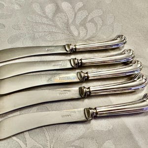 K&ouml;nnte beinhalten: F&uuml;nf silberne Buttermesser mit gebogenen Griffen und abgerundeten Klingen sind auf einer gemusterten Oberfl&auml;che angeordnet. Jedes Messer hat einen dekorativen Griff und eine leicht gebogene Klinge. Die Messer bestehen aus gl&auml;nzendem, reflektierendem Metall.