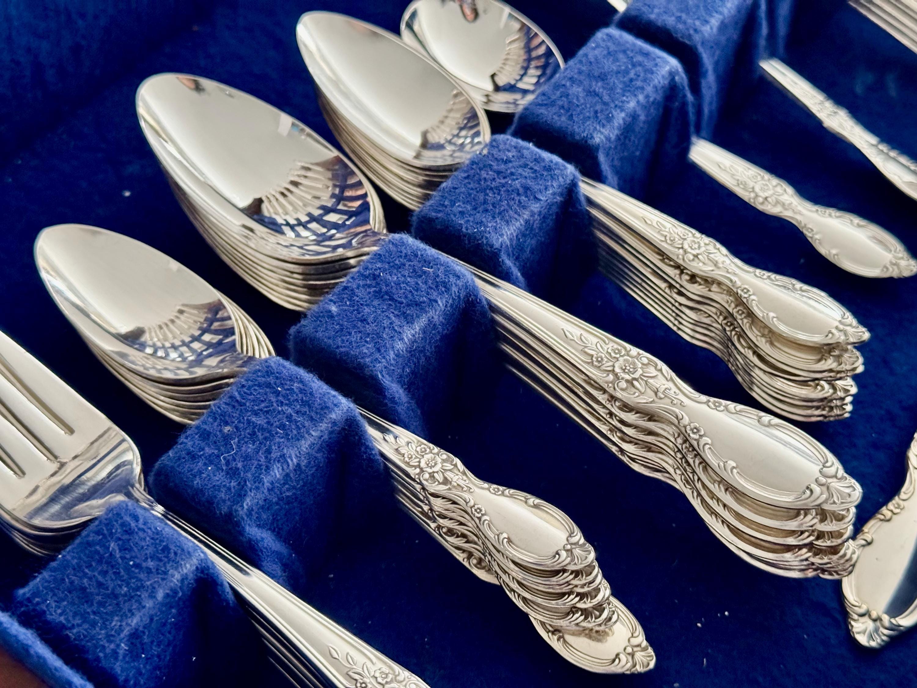 Victorian Rose Silverplate Flatware Set: 53-Piece Service for 8