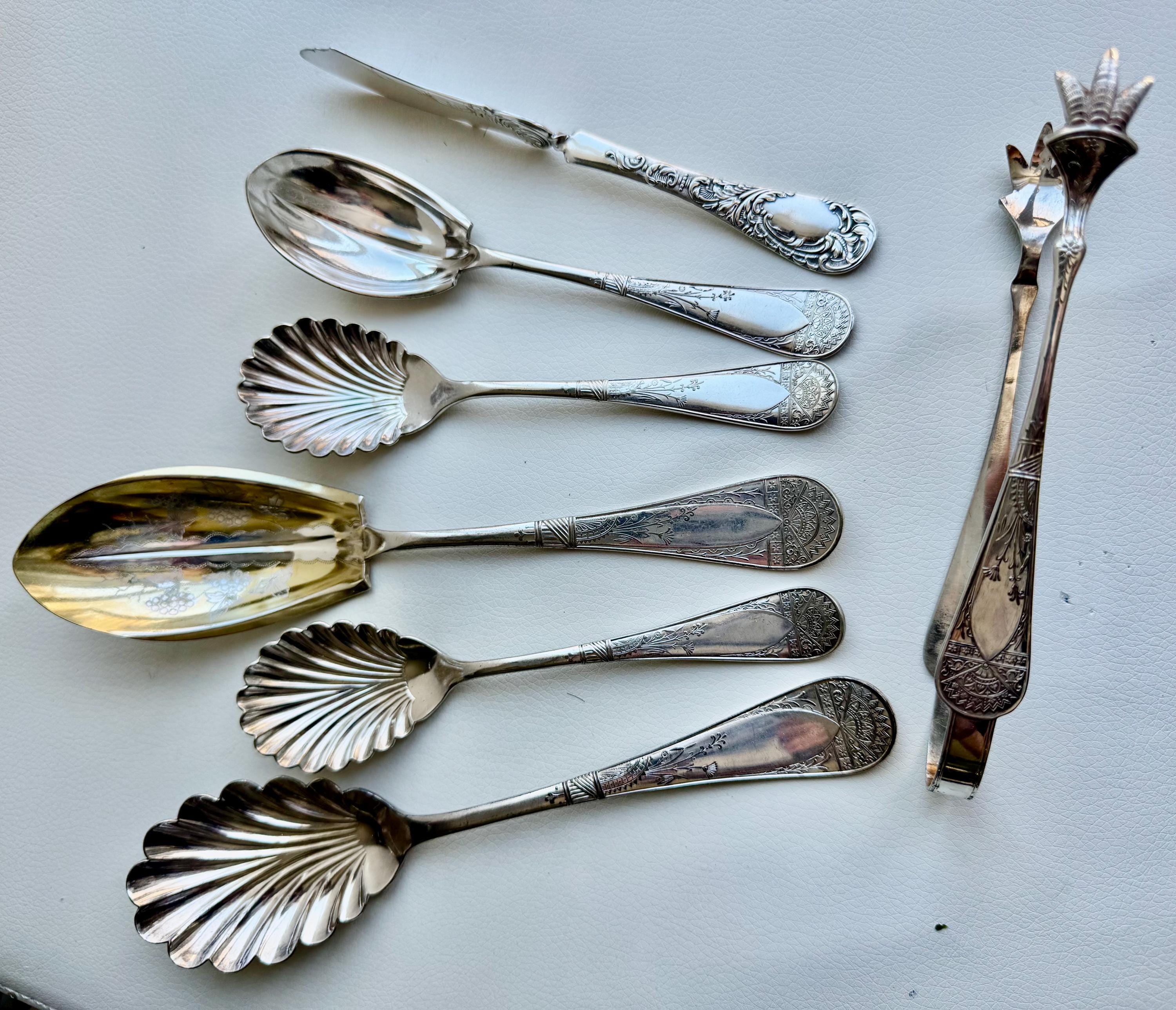 Antique Art Nouveau Silver Plated Serving Set: Shell & Floral Design, 7-Piece