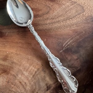 May include: A silver-colored metal spoon featuring an oval bowl and a long handle decorated with intricate embossed scrollwork and floral patterns along the edges, terminating in a flared, rounded end with a polished finish.