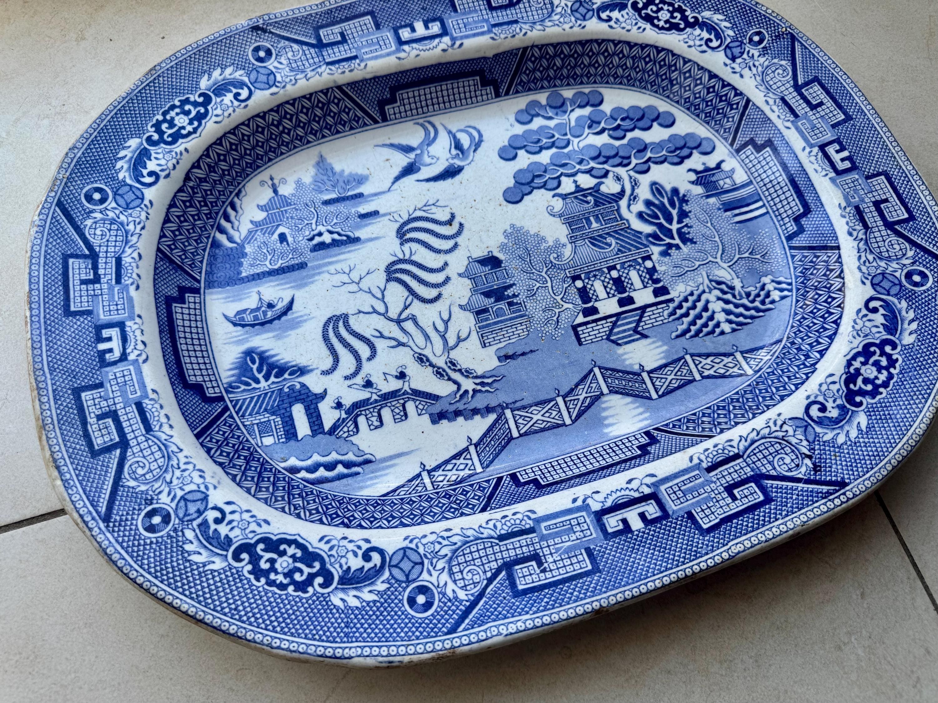 Antique M.T. & Co. Blue Willow Stoneware Platter – England, Circa Mid-19th Century