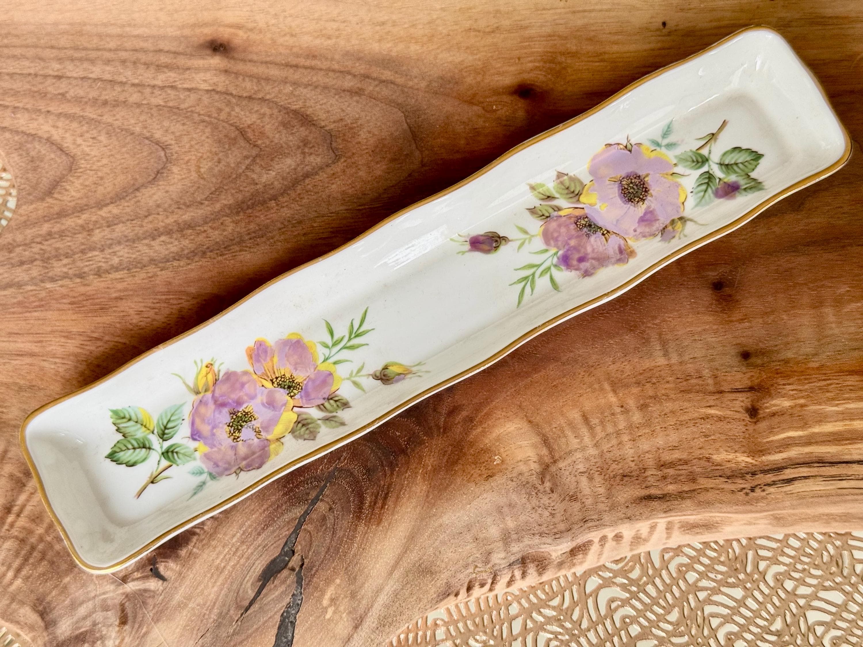 Vintage English Bone China Olive Tray: Pink Roses, Gold Trim