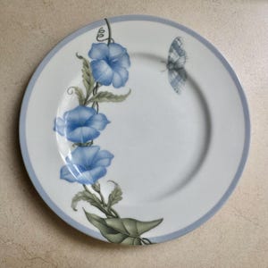 May include: A round white ceramic plate featuring a blue border and a decorative illustration of three blue morning glory flowers on a green vine with a small grey butterfly positioned to the right of the floral design on the plate surface.