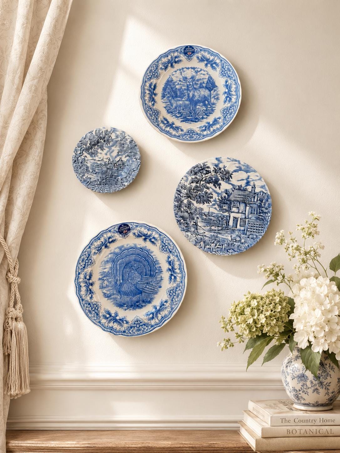 Vintage Blue & White Transferware Plate Set – English Countryside Scenes, Set of 4