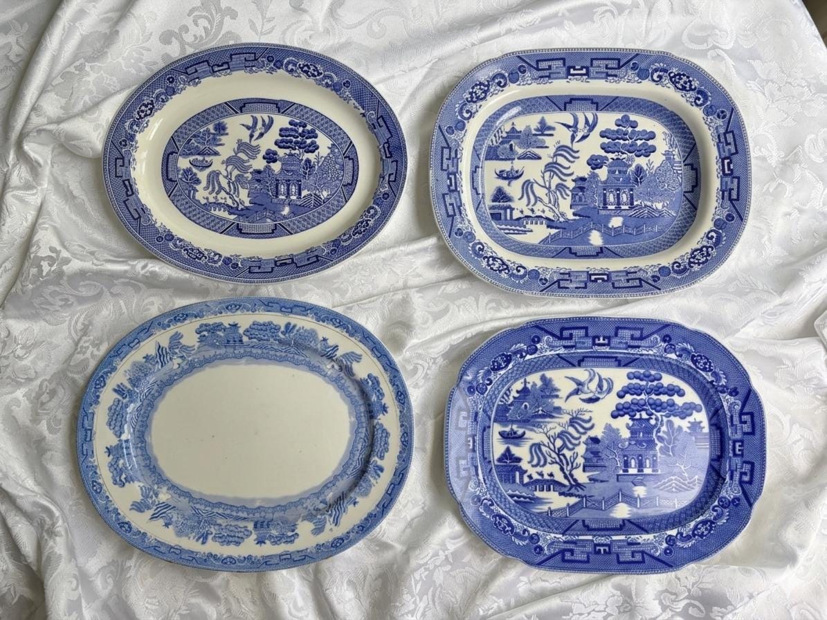Antique or Vintage Blue White Transferware Platters | W. Ridgway Blue Willow 1912–1927, Royal Grafton Bone China, Wood & Sons England