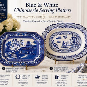 May include: Two blue and white ceramic serving platters featuring intricate willow patterns with pagodas, bridges, and landscapes. The Burleigh Ware platter measures 15.75 inches by 12.25 inches, and the English Willow Eaton Fine Dining platter measures 18.75 inches by 14.75 inches.