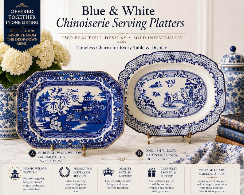 May include: Two blue and white ceramic serving platters featuring intricate willow patterns with pagodas, bridges, and landscapes. The Burleigh Ware platter measures 15.75 inches by 12.25 inches, and the English Willow Eaton Fine Dining platter measures 18.75 inches by 14.75 inches.