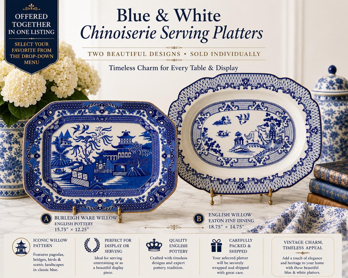 Extra Large Blue & White Chinoiserie Serving Platters | Burleigh Ware Willow or English Willow Eaton Fine Dining | Sold Individually