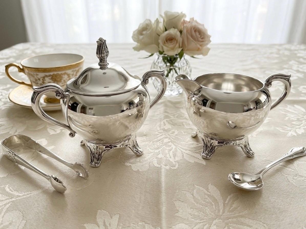 Vintage Silverplate Creamer Sugar Set – Ornate Victorian Mid-Century Styles