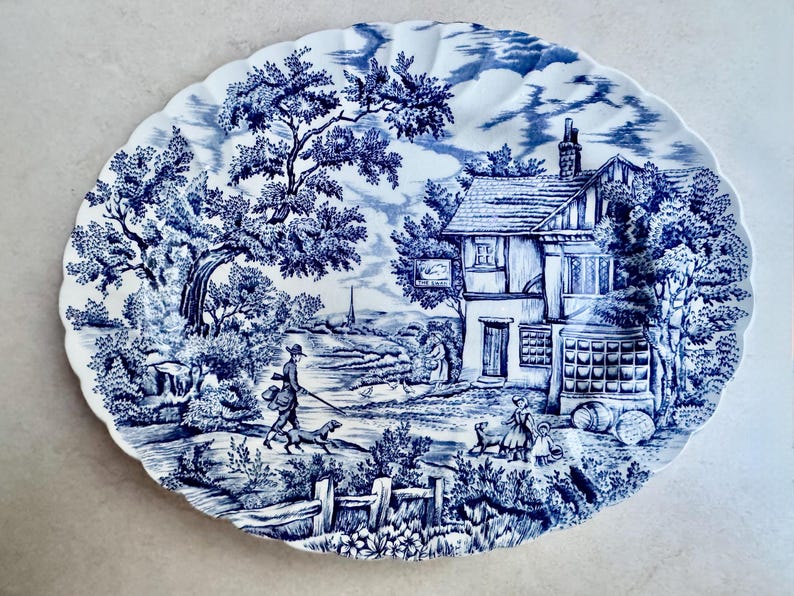 Vintage or Antique Blue & White Transferware Serving Platters C. Moyott The Hunter