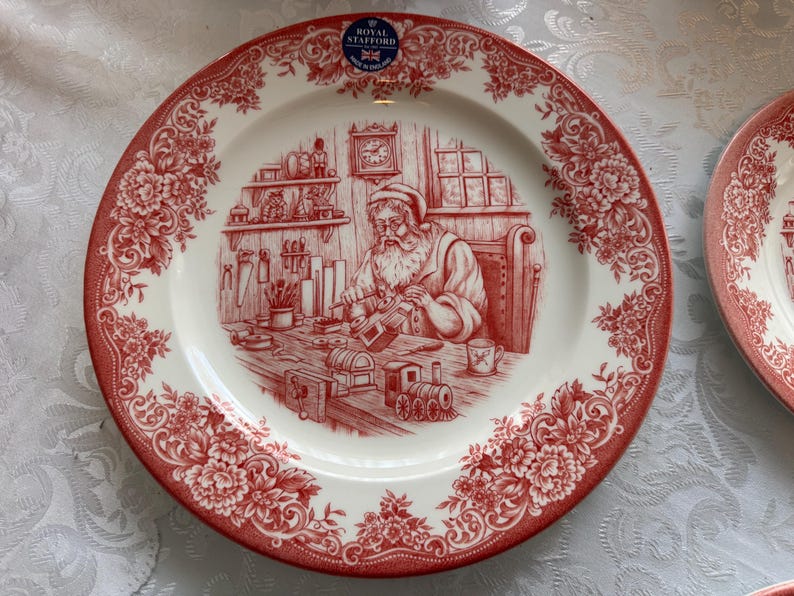 New Vintage Style Transferware - Red Christmas Plates - Christmas Eve Santa - Royal Stafford England image 5